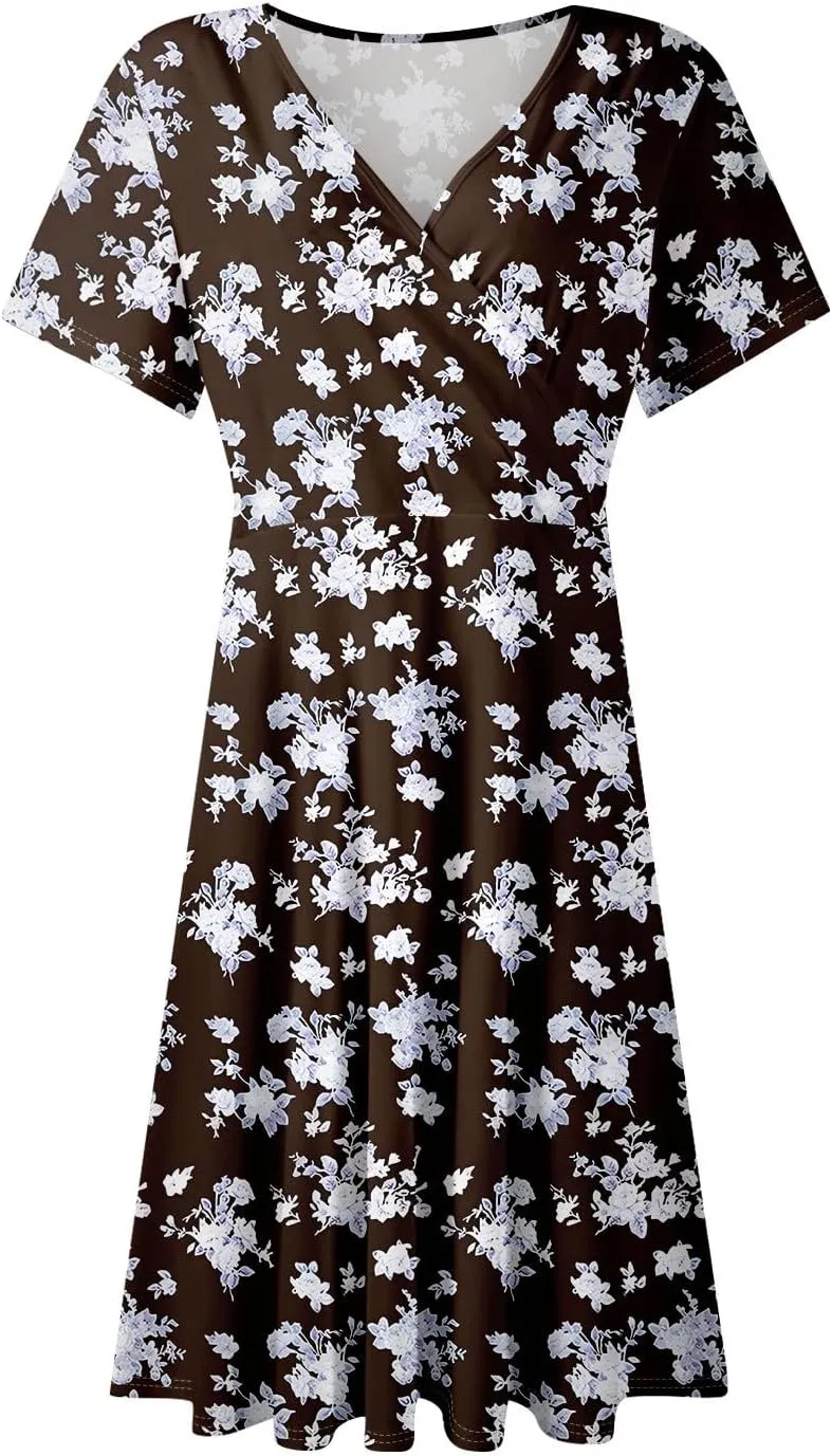 Summer Dresses for Women 2025 Casual Sun Dresses Short Sleeve v Neck Beach Vacation midi Dresses with Pockets