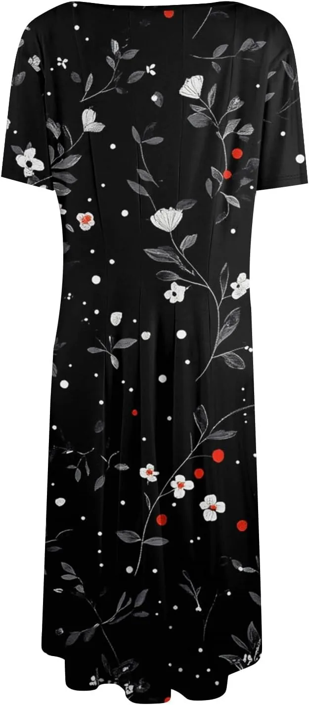 Summer Dresses for Women 2025 Midi Short Sleeve Round Neck Dresses Elegant Pleated with Pocket Flower Print Dress