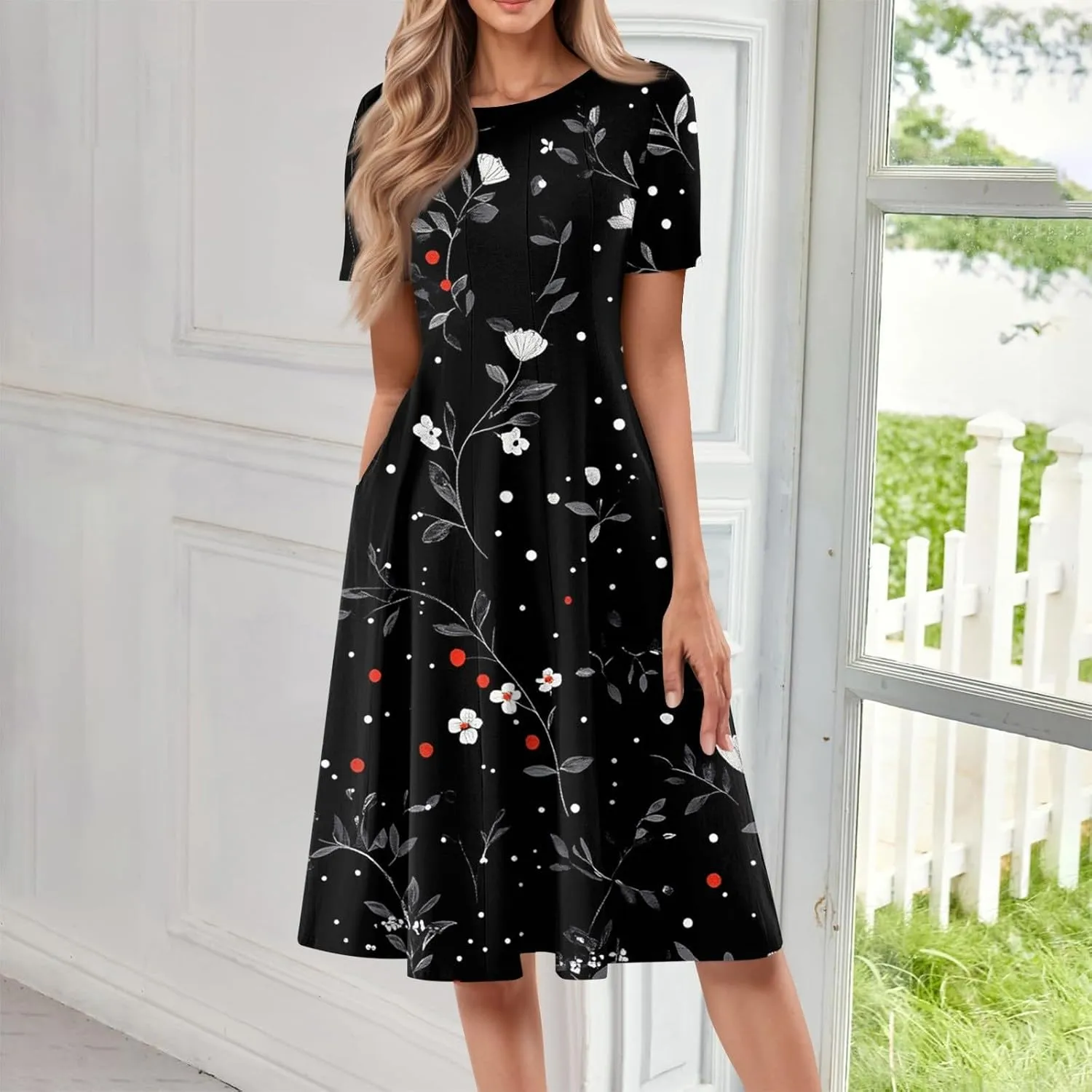 Summer Dresses for Women 2025 Midi Short Sleeve Round Neck Dresses Elegant Pleated with Pocket Flower Print Dress