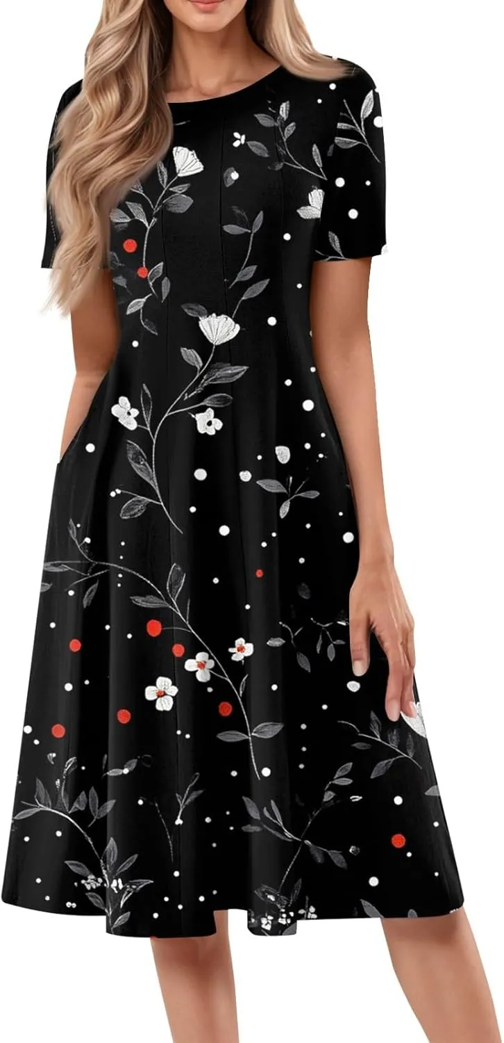 Summer Dresses for Women 2025 Midi Short Sleeve Round Neck Dresses Elegant Pleated with Pocket Flower Print Dress