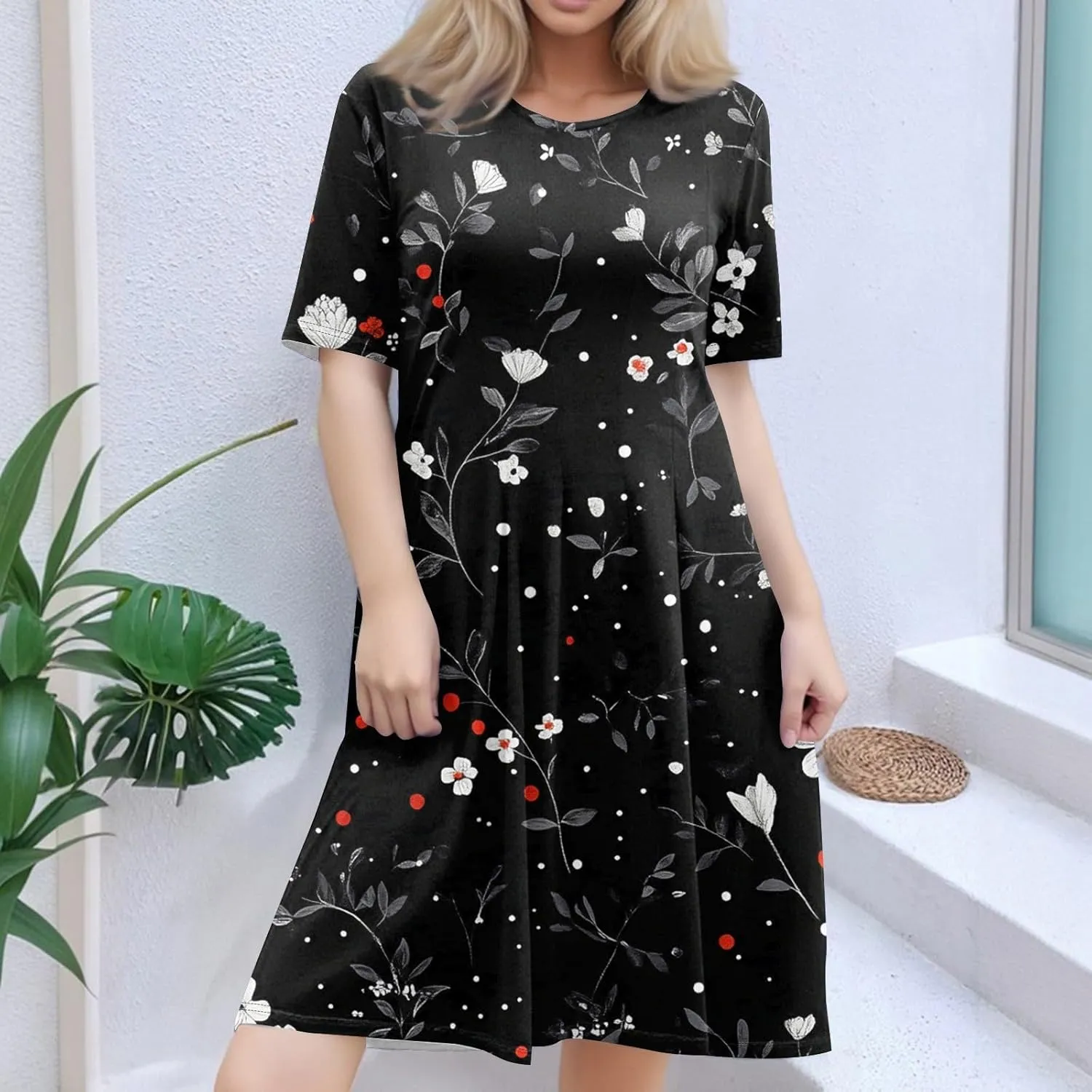 Summer Dresses for Women 2025 Midi Short Sleeve Round Neck Dresses Elegant Pleated with Pocket Flower Print Dress
