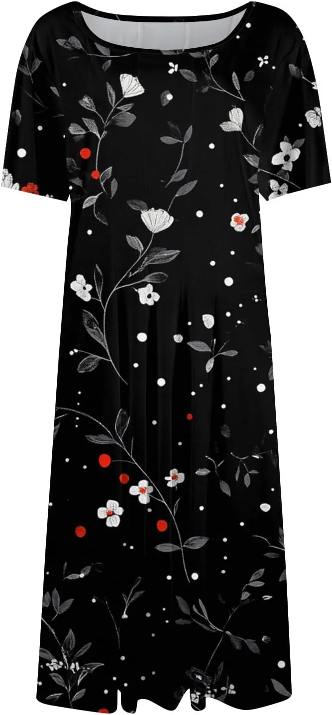 Summer Dresses for Women 2025 Midi Short Sleeve Round Neck Dresses Elegant Pleated with Pocket Flower Print Dress