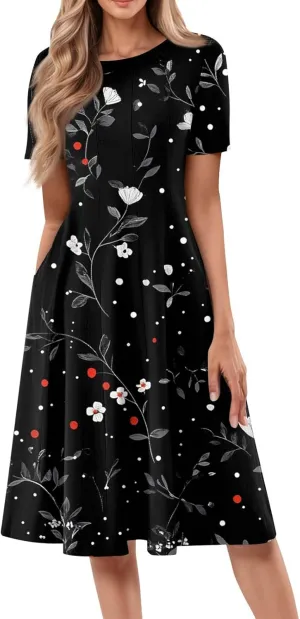Summer Dresses for Women 2025 Midi Short Sleeve Round Neck Dresses Elegant Pleated with Pocket Flower Print Dress