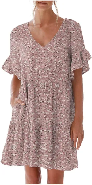 Summer Dresses for Women Loose Fit Tunic Dress with Pockets Casual V-Neck Mini Dress Short Sleeve Ruffle Prom Dress