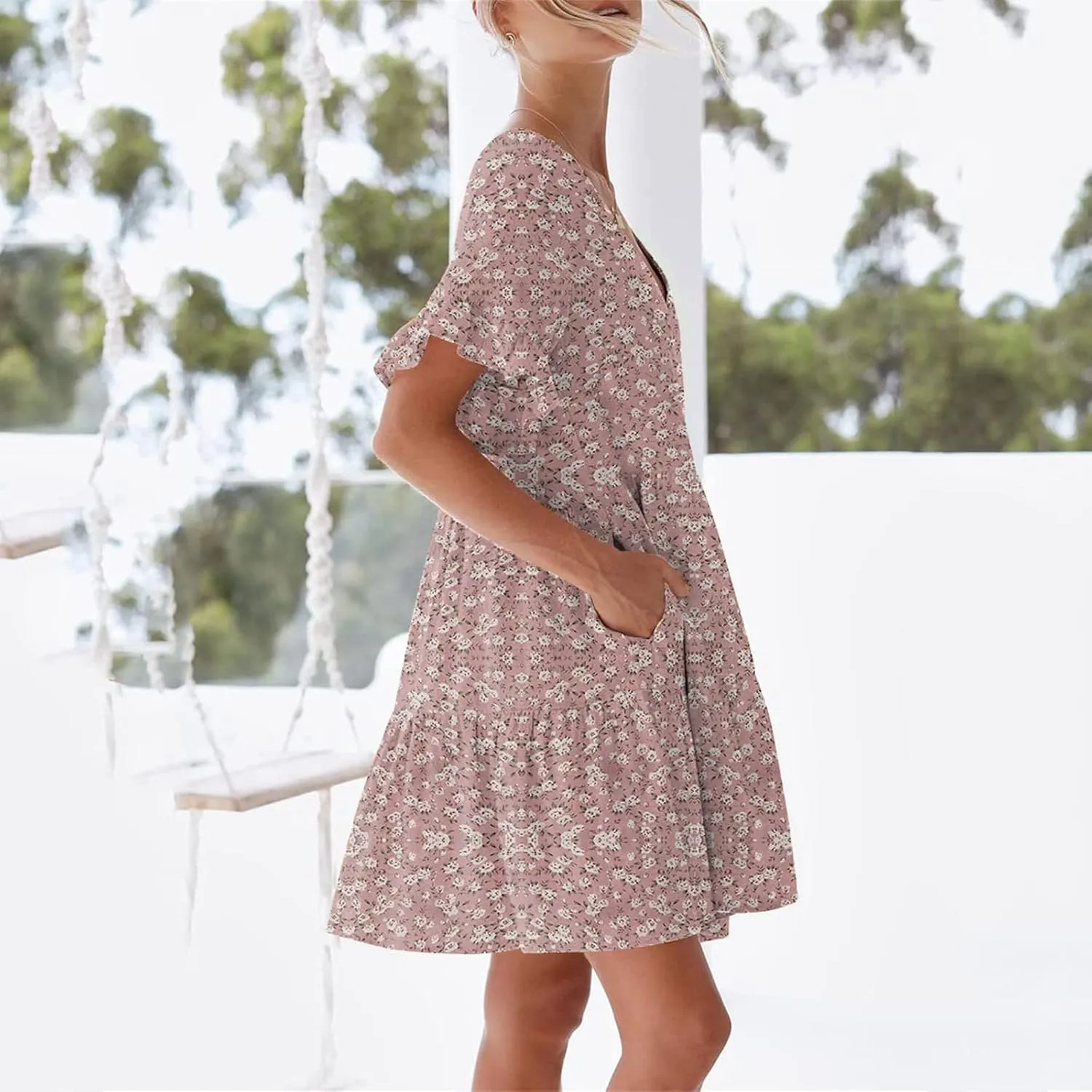 Summer Dresses for Women Loose Fit Tunic Dress with Pockets Casual V-Neck Mini Dress Short Sleeve Ruffle Prom Dress