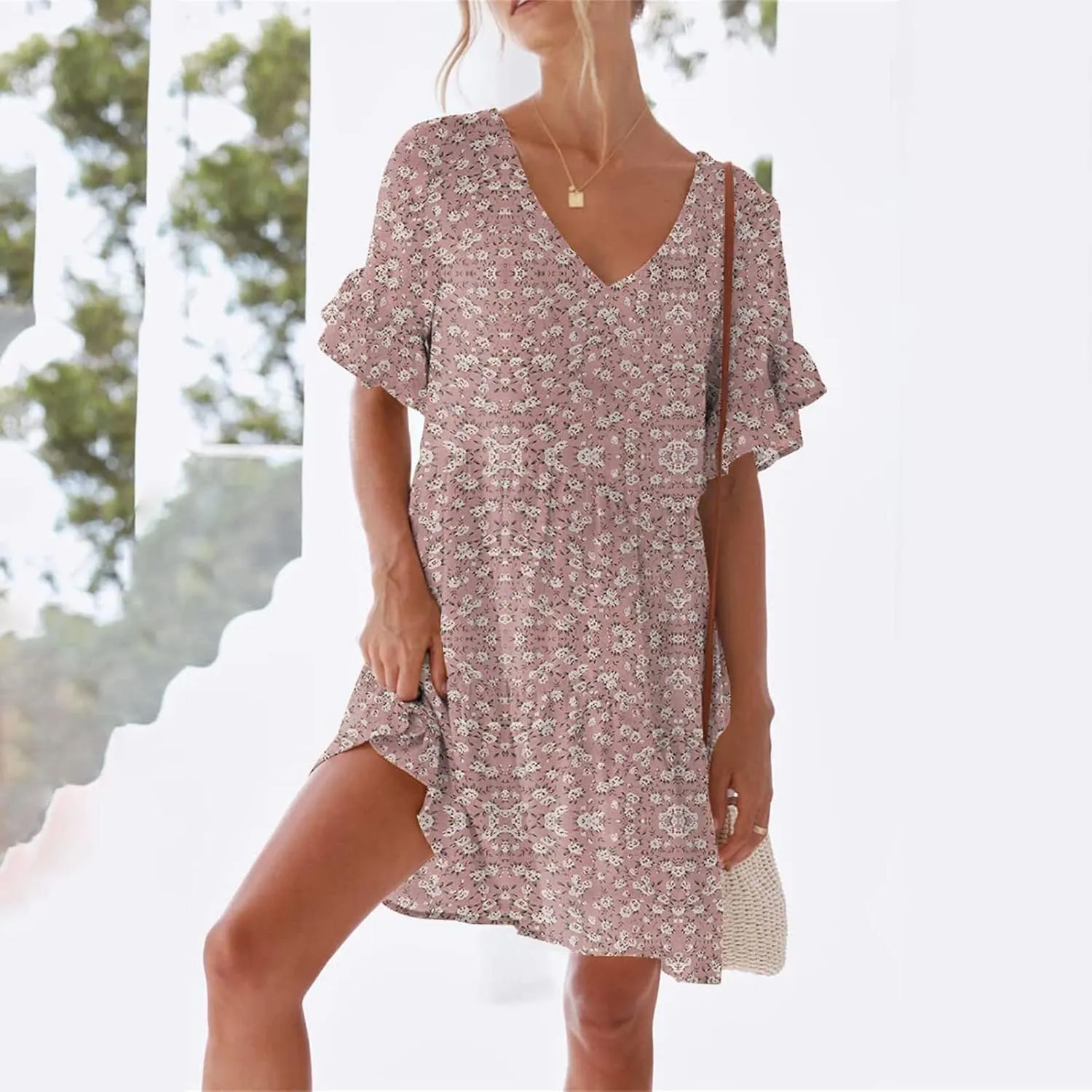 Summer Dresses for Women Loose Fit Tunic Dress with Pockets Casual V-Neck Mini Dress Short Sleeve Ruffle Prom Dress