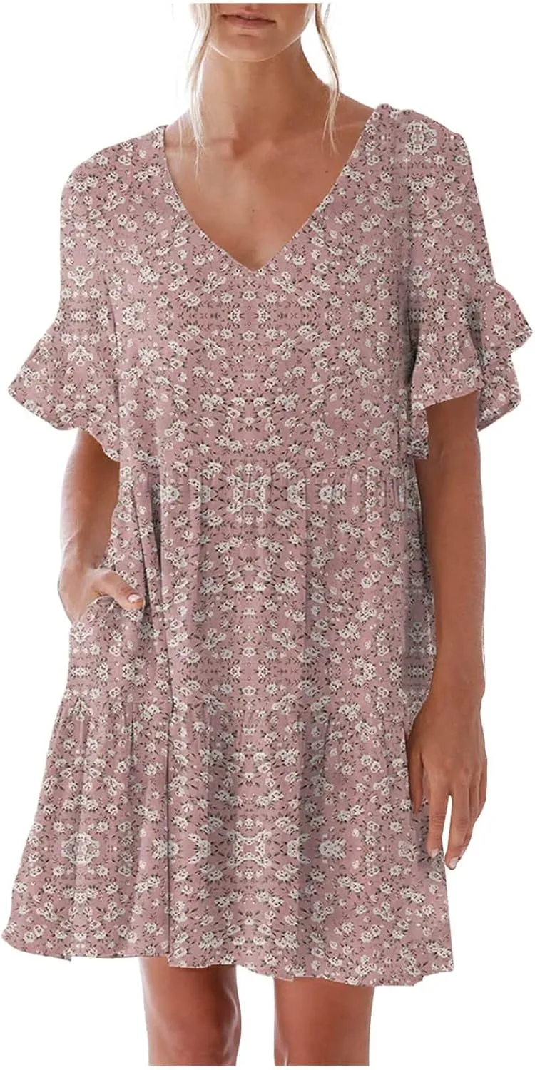 Summer Dresses for Women Loose Fit Tunic Dress with Pockets Casual V-Neck Mini Dress Short Sleeve Ruffle Prom Dress