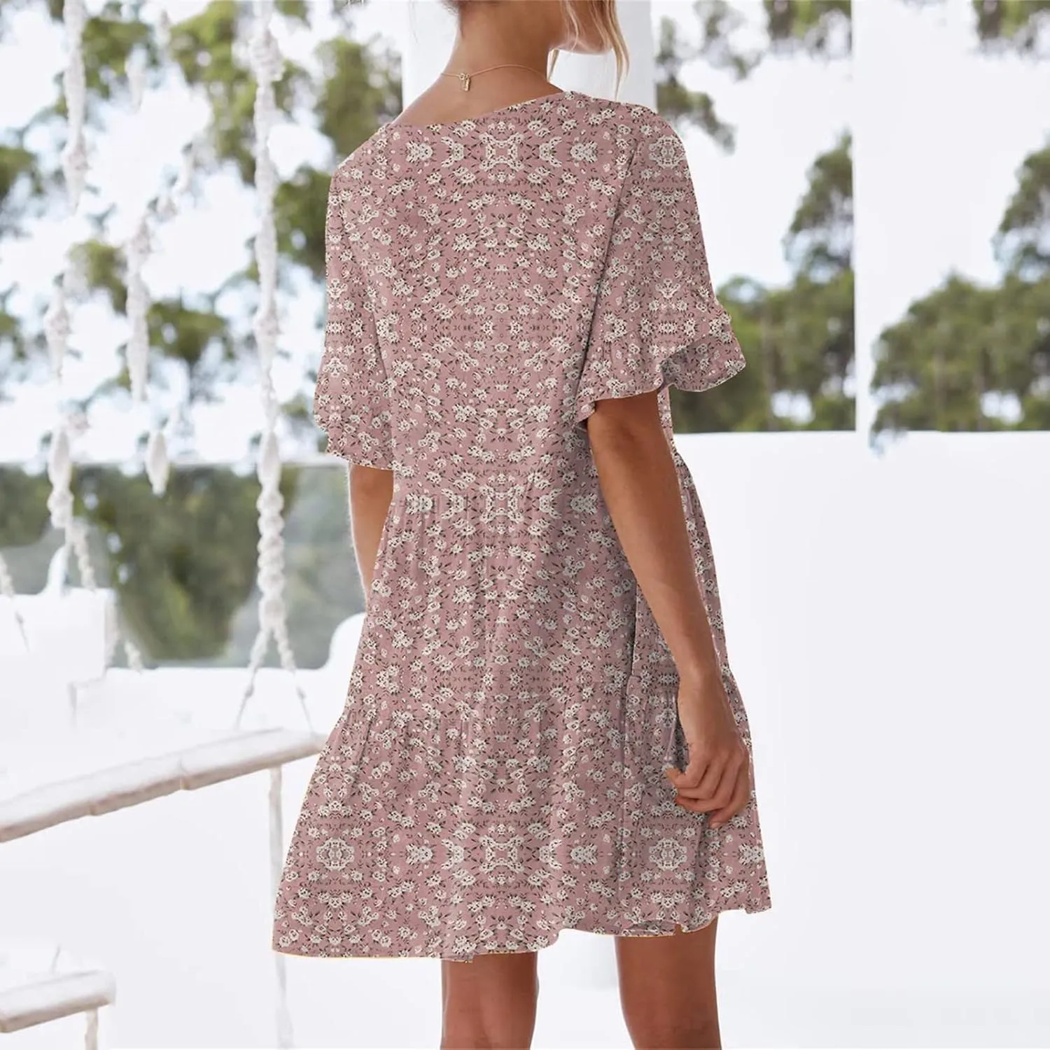 Summer Dresses for Women Loose Fit Tunic Dress with Pockets Casual V-Neck Mini Dress Short Sleeve Ruffle Prom Dress