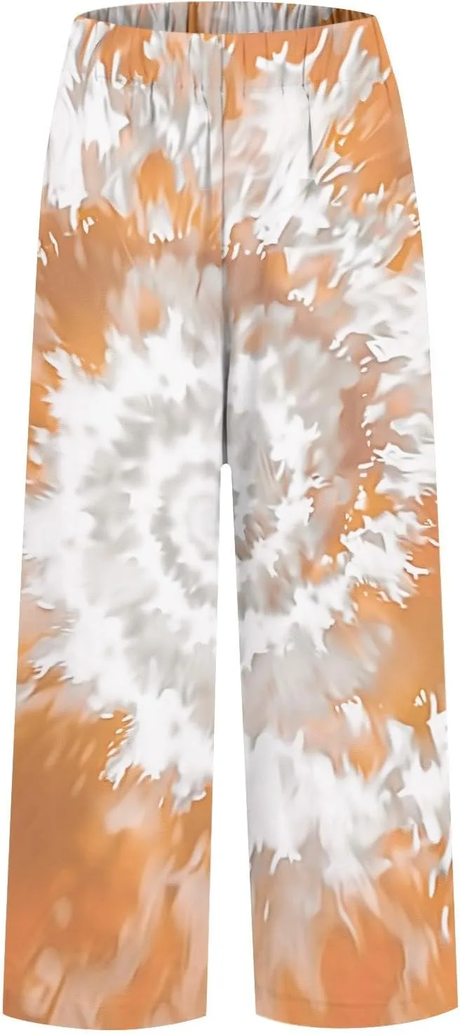 Summer Pants for Women 2025 Vacation Casual Boho Floral Print Cotton Linen Pants Fashion Wide Leg Stripe Lounge Pant