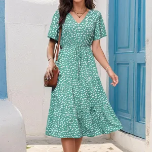 Sundresses for Women V Neck Short Sleeve High Waist Ruffle Dresses Trendy Polka Dots Midi Dresses Outfits