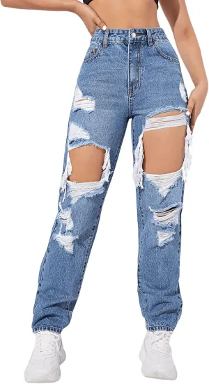 SweatyRocks Women's Ripped Straight Leg Jeans High Waist Distressed Cutout Denim Pants