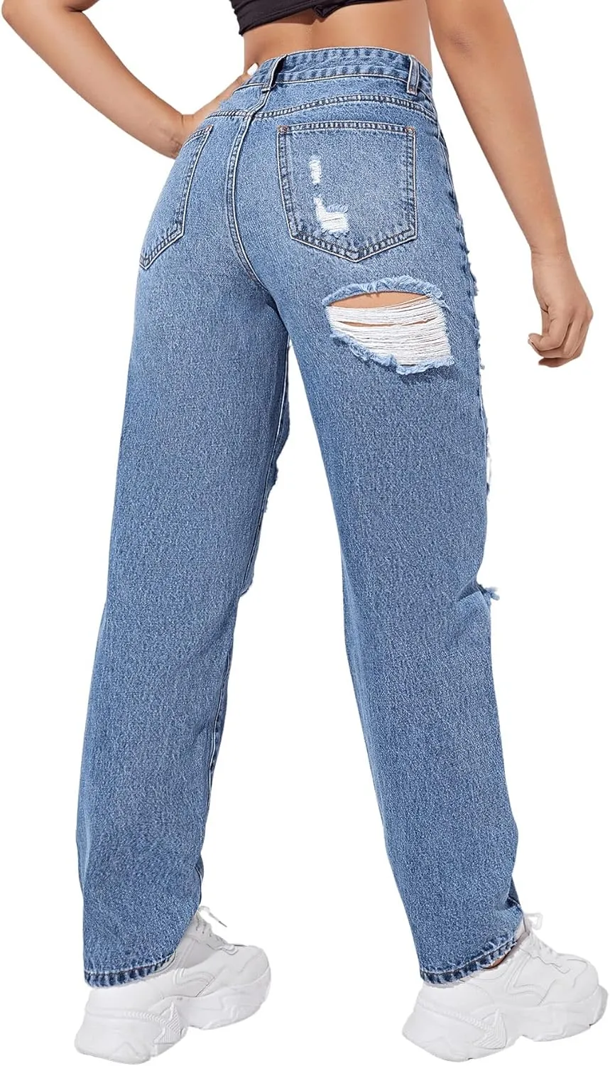 SweatyRocks Women's Ripped Straight Leg Jeans High Waist Distressed Cutout Denim Pants