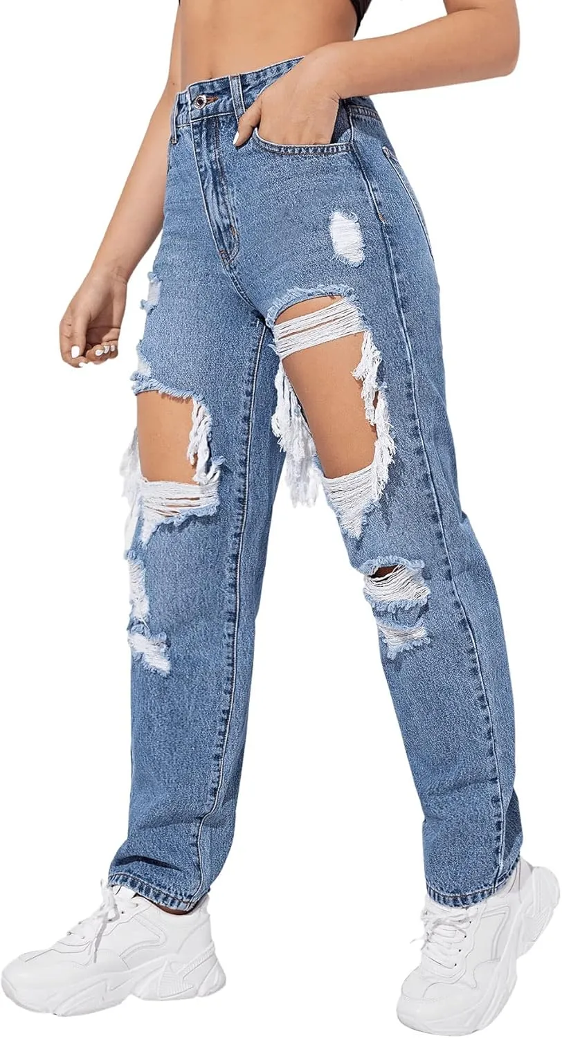 SweatyRocks Women's Ripped Straight Leg Jeans High Waist Distressed Cutout Denim Pants