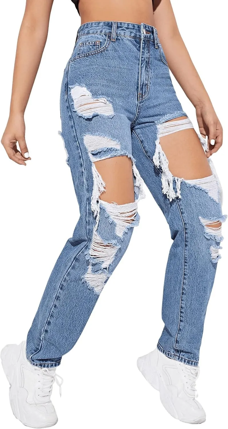 SweatyRocks Women's Ripped Straight Leg Jeans High Waist Distressed Cutout Denim Pants