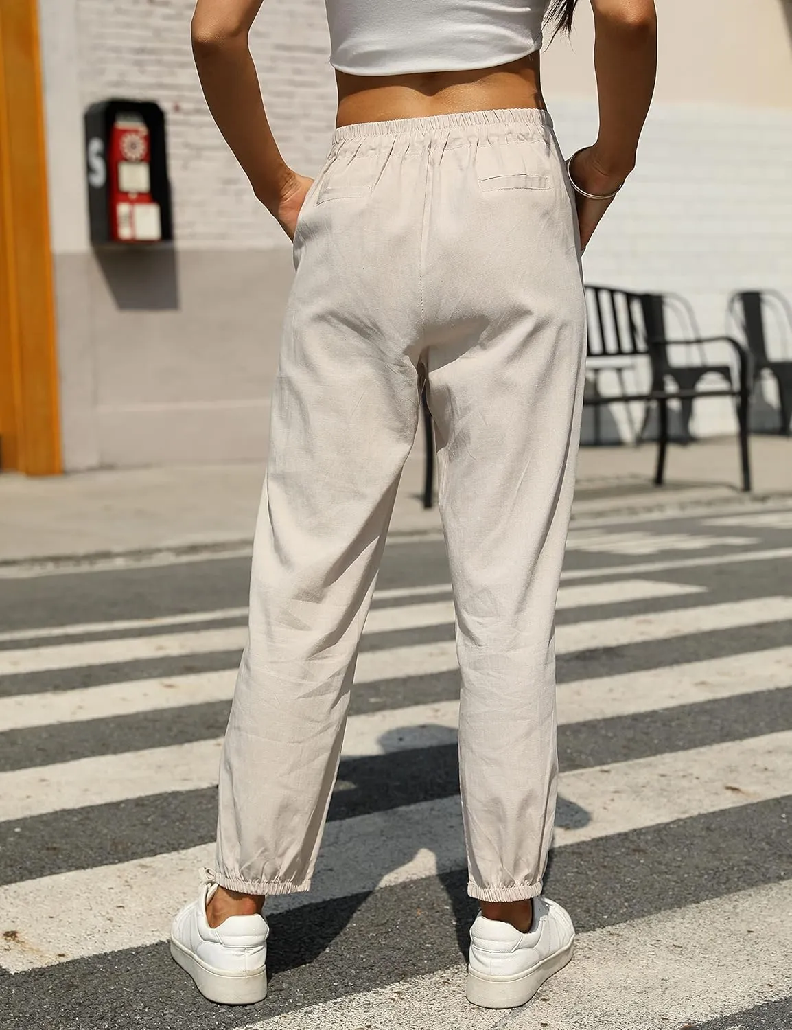 Tanming Linen Pants for Women Summer Casual High Waisted Drawstring White Beach Pant