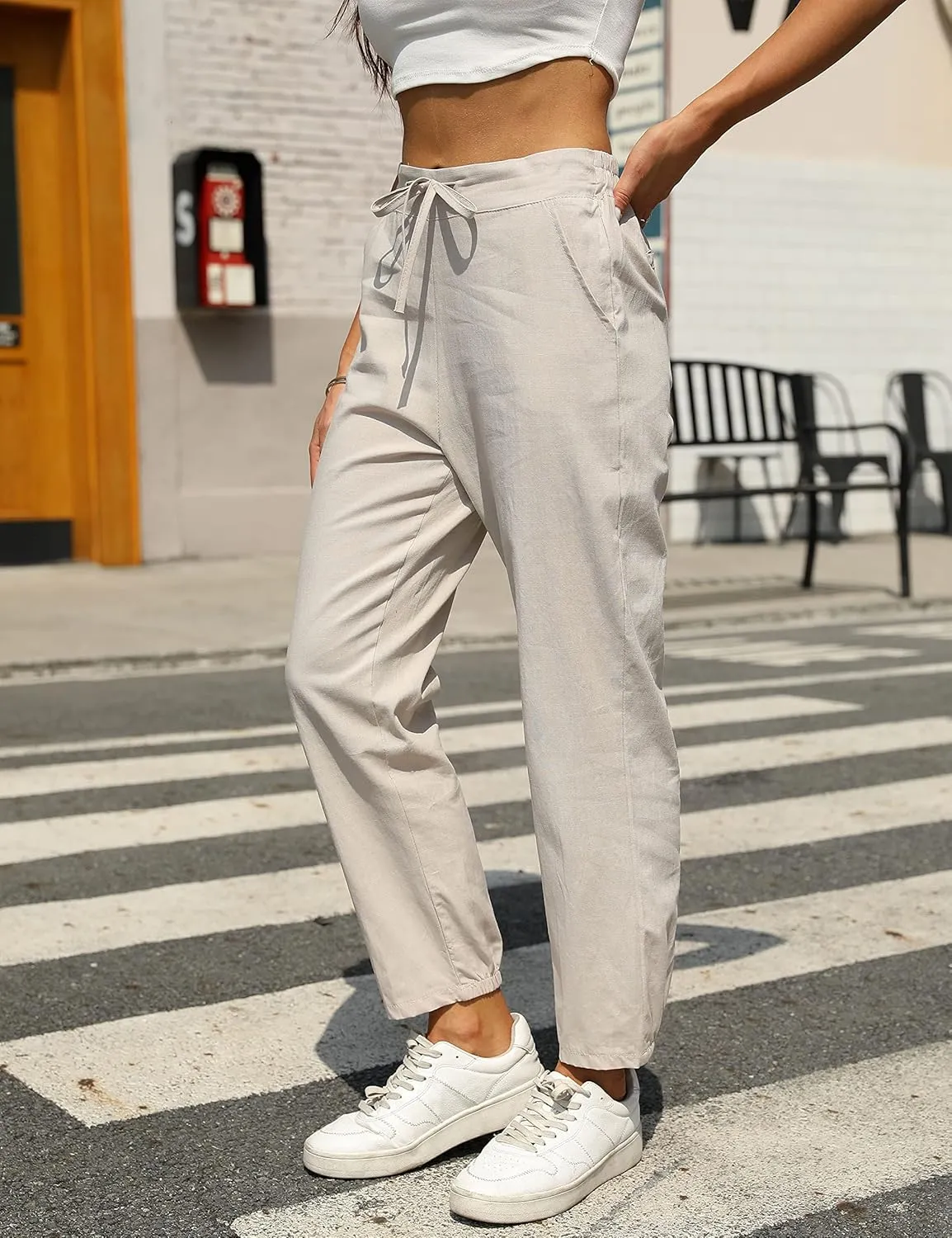 Tanming Linen Pants for Women Summer Casual High Waisted Drawstring White Beach Pant