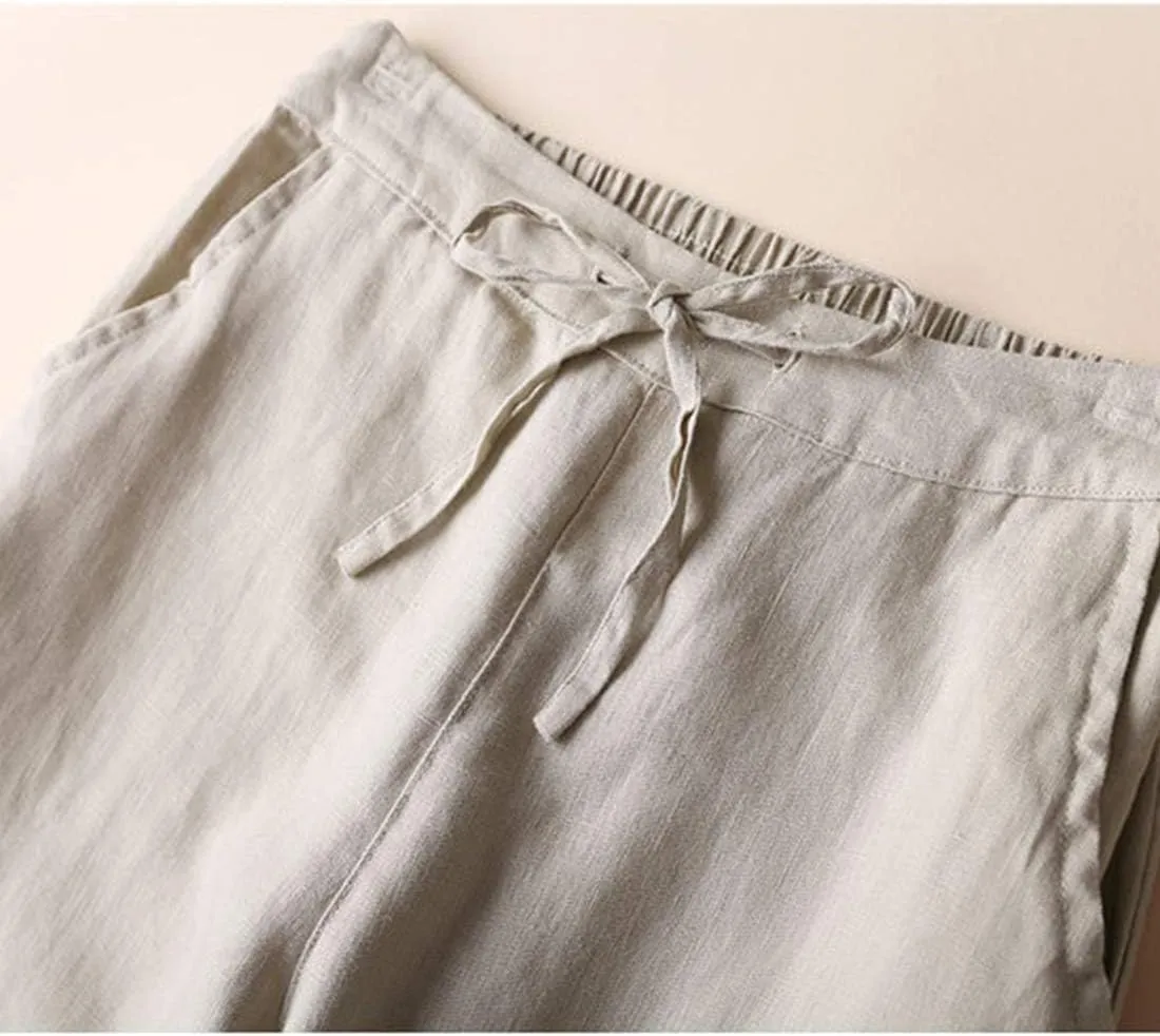 Tanming Linen Pants for Women Summer Casual High Waisted Drawstring White Beach Pant