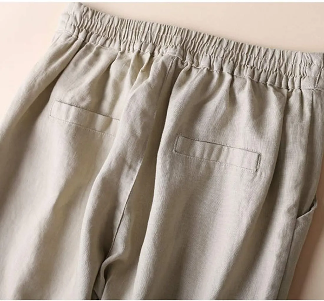 Tanming Linen Pants for Women Summer Casual High Waisted Drawstring White Beach Pant