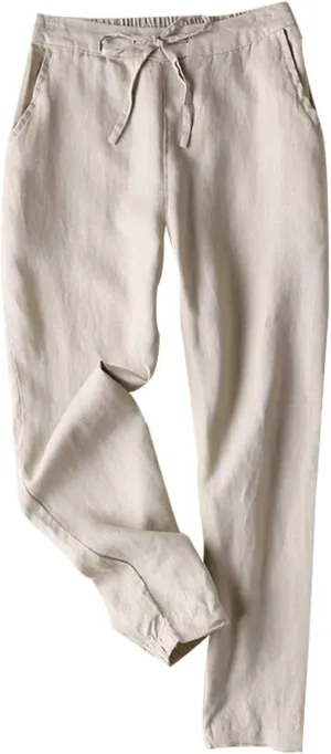 Tanming Linen Pants for Women Summer Casual High Waisted Drawstring White Beach Pant