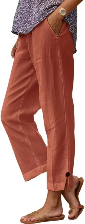 TIAFORD Womens Summer Cotton Linen Elastic High Waist Cropped Pants Casual Loose Straight Leg Beach Trousers with Pockets