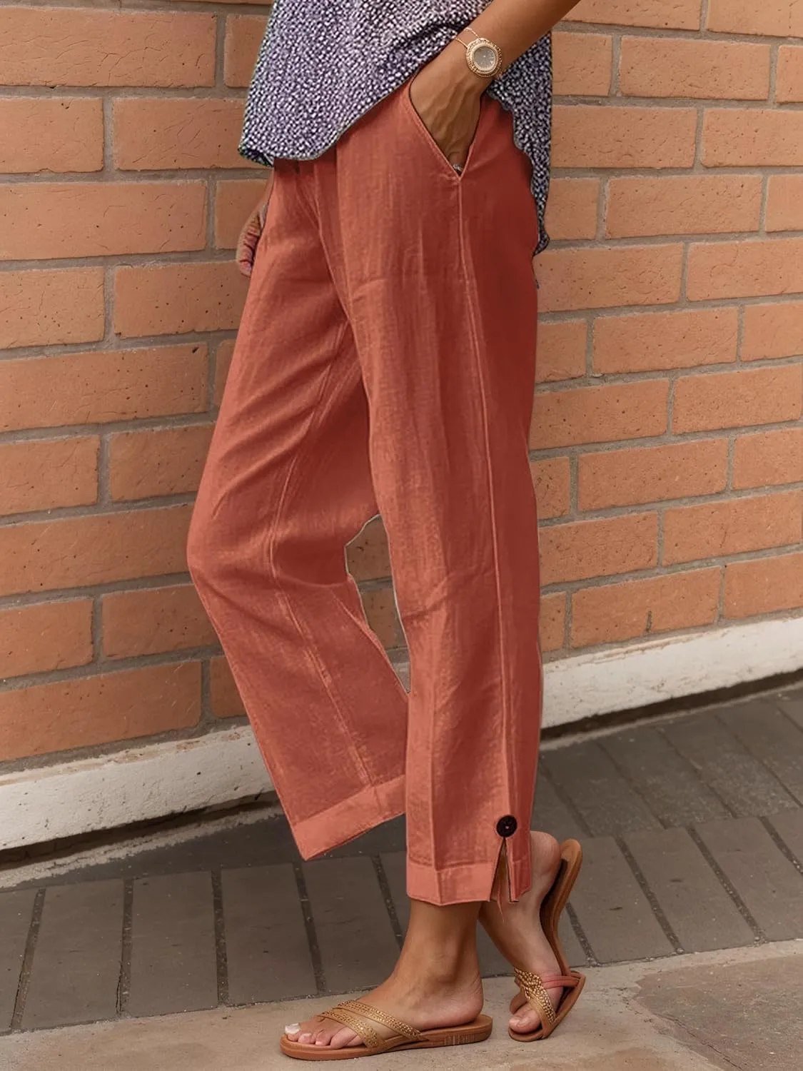 TIAFORD Womens Summer Cotton Linen Elastic High Waist Cropped Pants Casual Loose Straight Leg Beach Trousers with Pockets