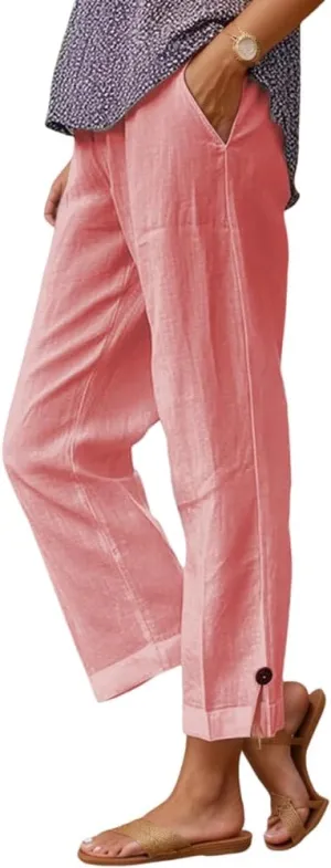 TIAFORD Womens Summer Cotton Linen Elastic High Waist Cropped Pants Casual Loose Straight Leg Beach Trousers with Pockets