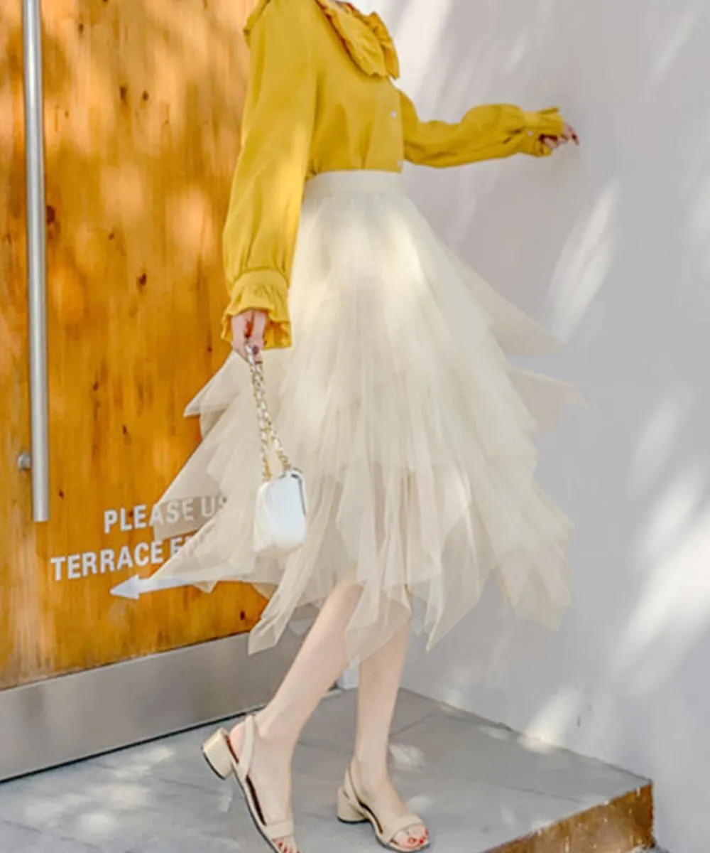 Tulle Skirts for Women Midi Long Fairy Skirt Tutu A-Line Mesh Layered High Elastic Waist Halloween Skirts