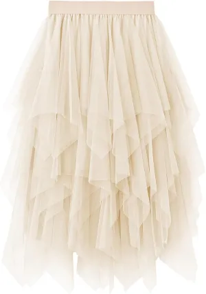 Tulle Skirts for Women Midi Long Fairy Skirt Tutu A-Line Mesh Layered High Elastic Waist Halloween Skirts