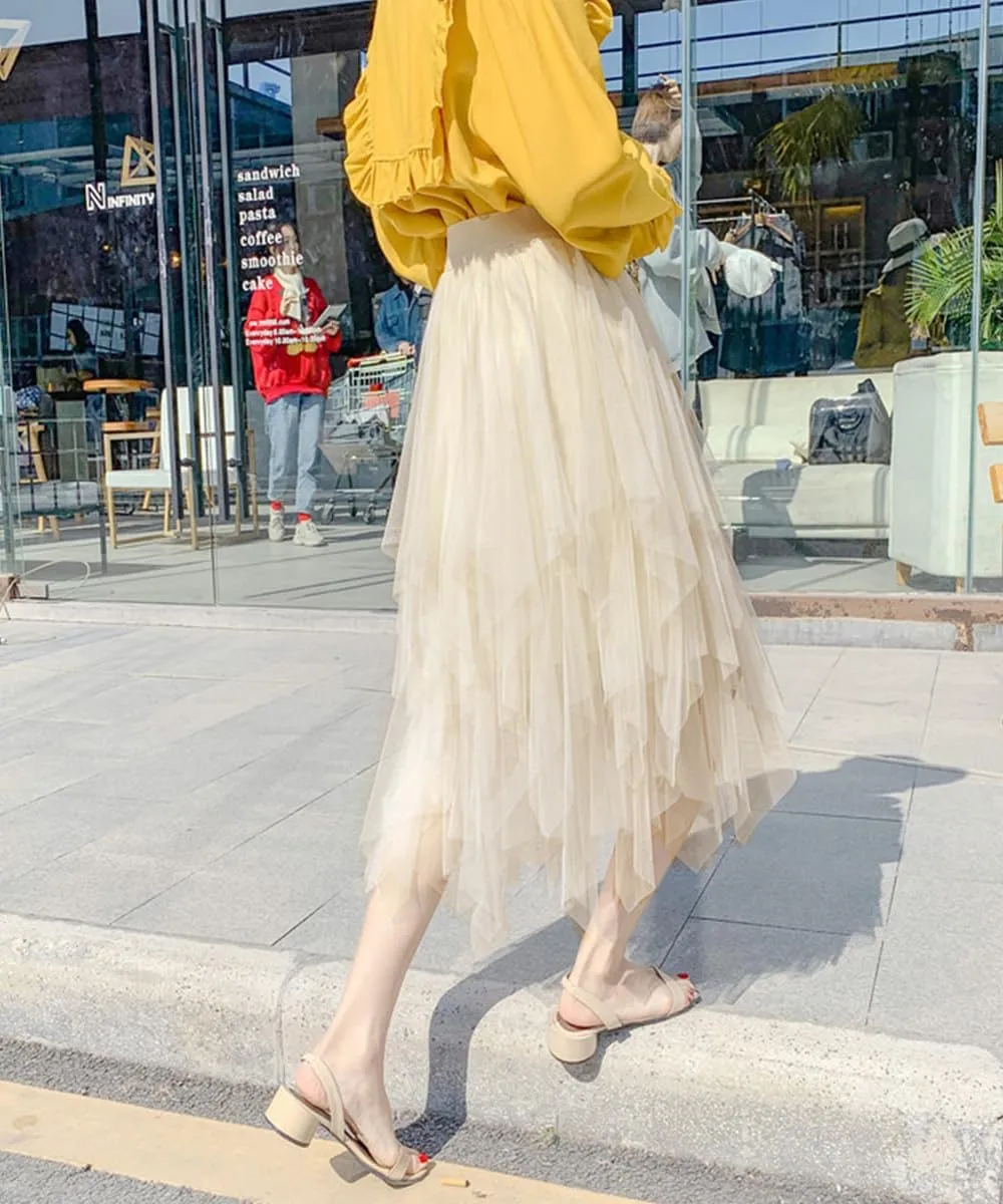 Tulle Skirts for Women Midi Long Fairy Skirt Tutu A-Line Mesh Layered High Elastic Waist Halloween Skirts