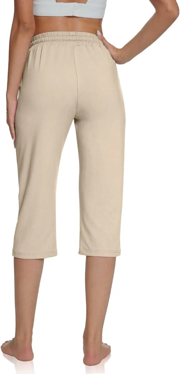 UEU Women's Comfy Drawstring Yoga Capri Pants Loose Workout Sweatpants Wide Leg Lounge Pants with Pockets