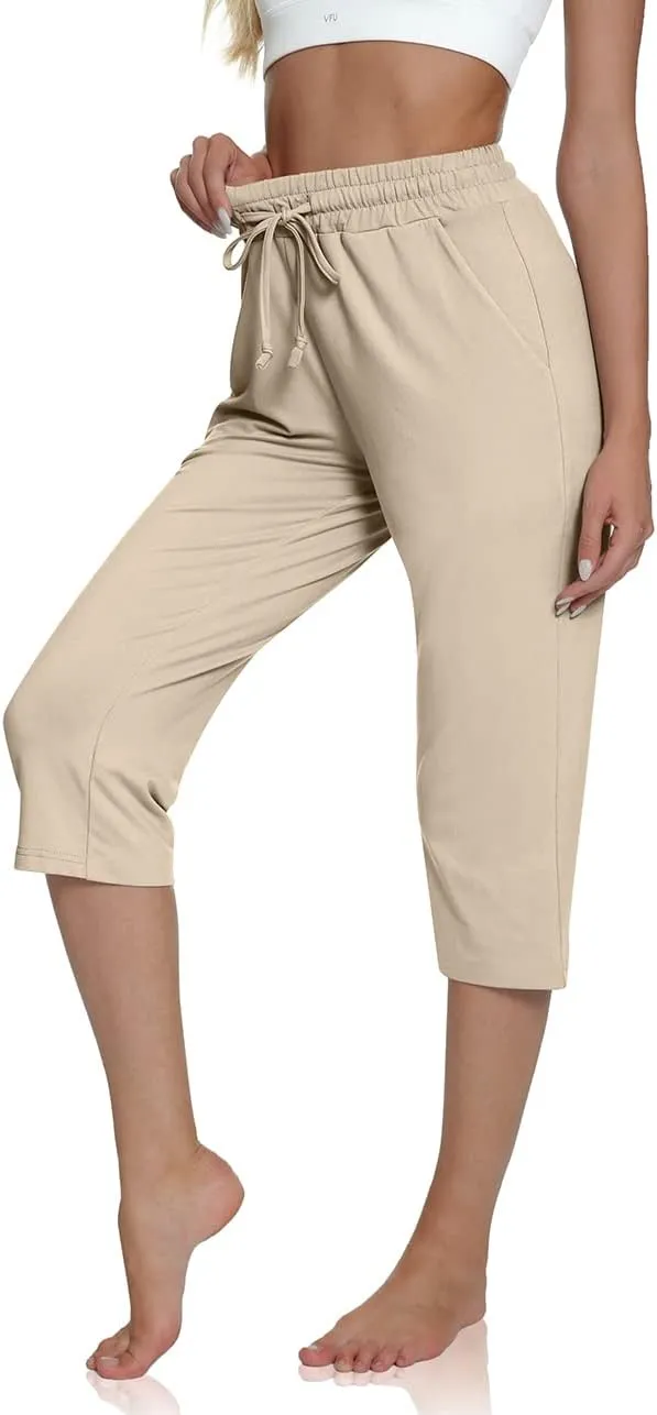 UEU Women's Comfy Drawstring Yoga Capri Pants Loose Workout Sweatpants Wide Leg Lounge Pants with Pockets