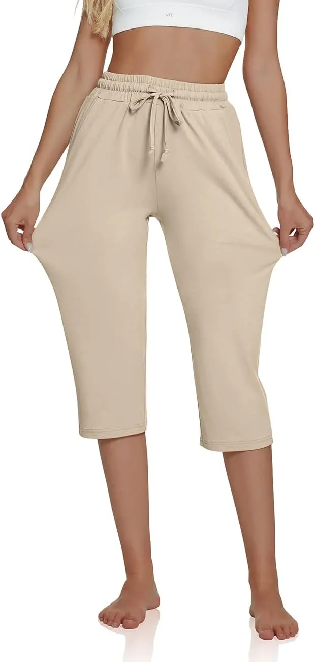 UEU Women's Comfy Drawstring Yoga Capri Pants Loose Workout Sweatpants Wide Leg Lounge Pants with Pockets