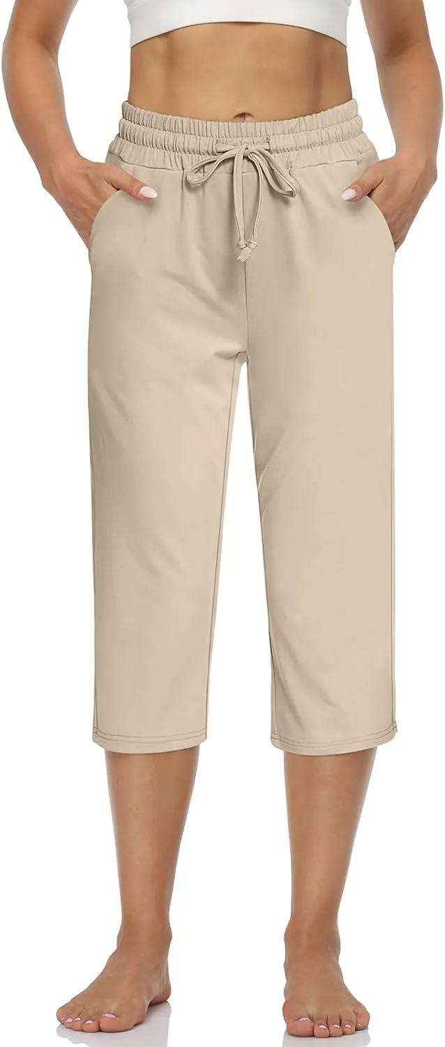 UEU Women's Comfy Drawstring Yoga Capri Pants Loose Workout Sweatpants Wide Leg Lounge Pants with Pockets