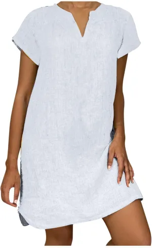 V Neck Casual Dress for Women Plain Summer Linen Mini Dresses Short Sleeve Loose Short Dress 2024 Trendy Sundress