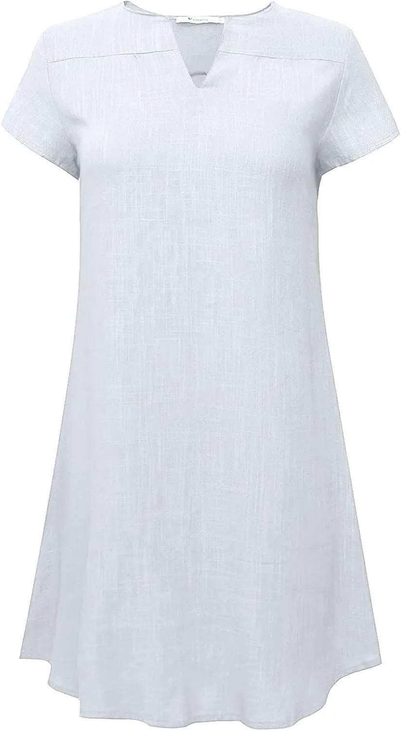 V Neck Casual Dress for Women Plain Summer Linen Mini Dresses Short Sleeve Loose Short Dress 2024 Trendy Sundress