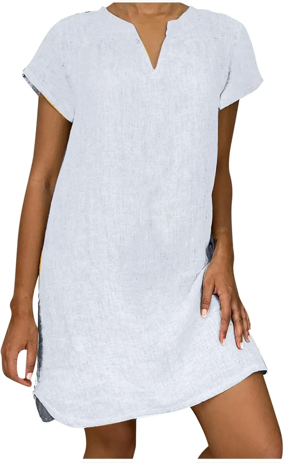 V Neck Casual Dress for Women Plain Summer Linen Mini Dresses Short Sleeve Loose Short Dress 2024 Trendy Sundress