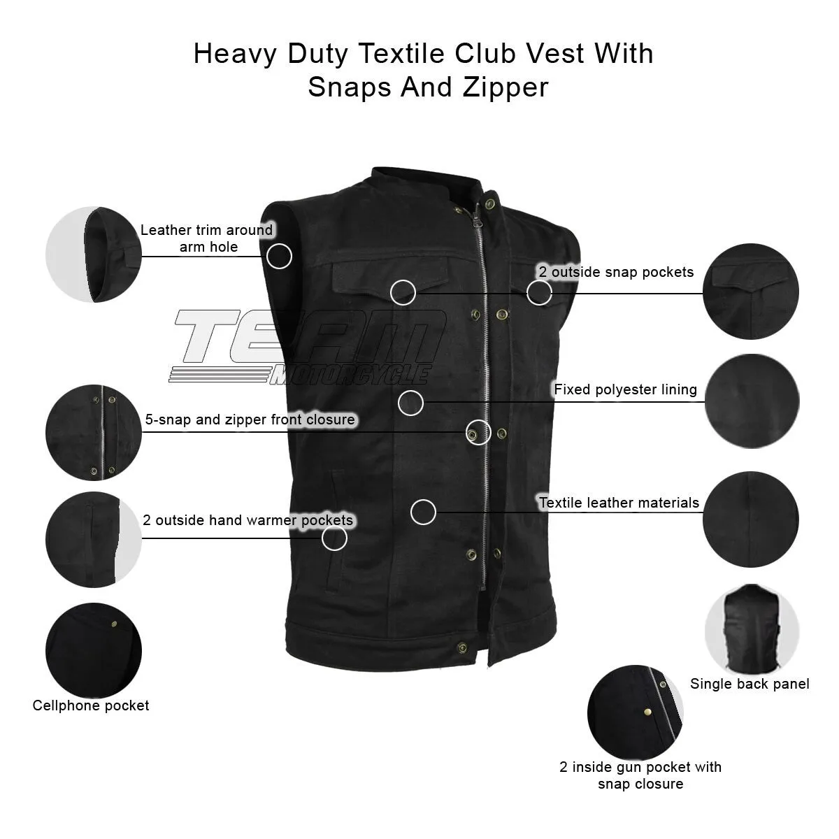 Vance VL1914 Mens Black Front Zipper and Snap Closure SOA Club Style Textile Motorcycle Vest