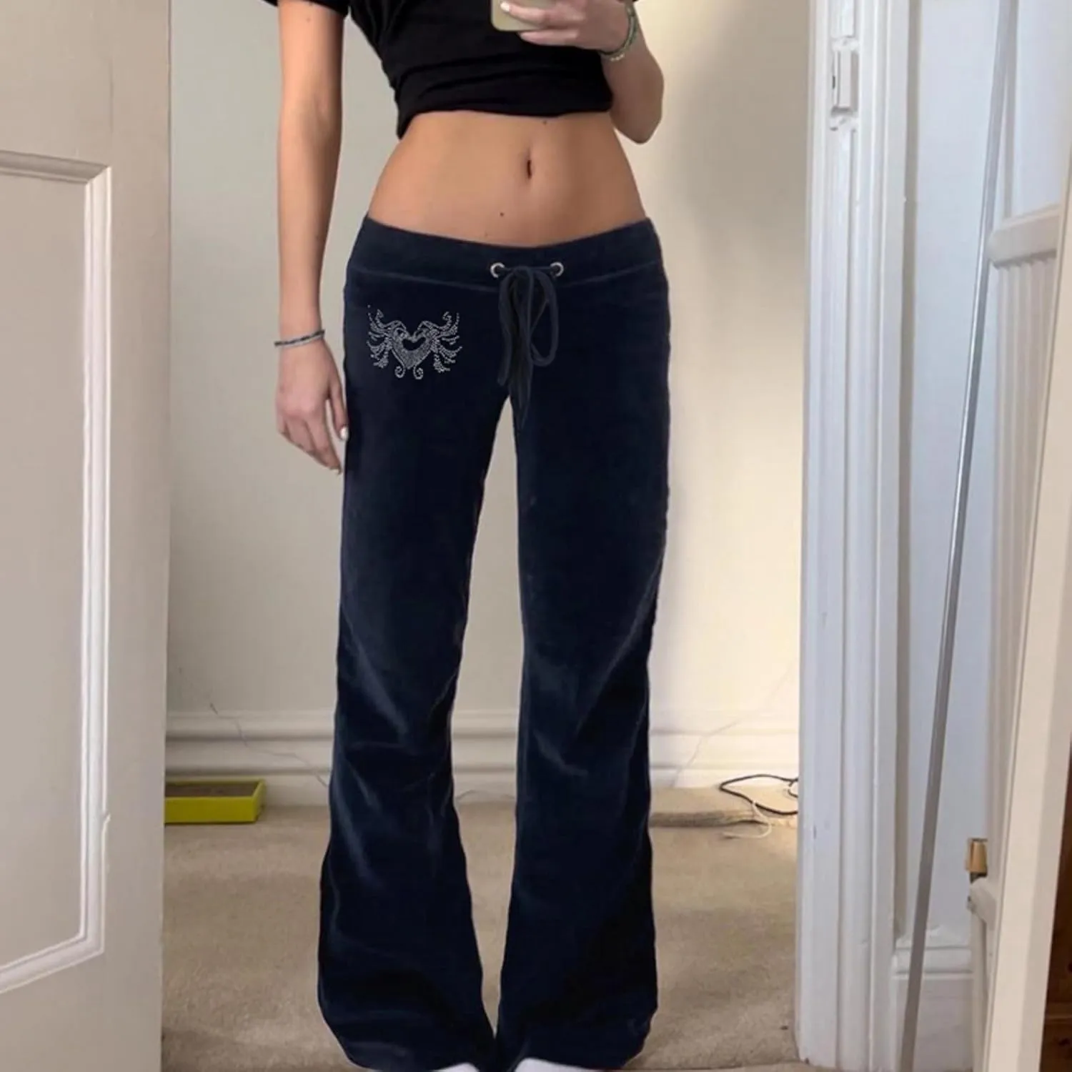 Velvet Star Rhinestone Flare Pants for Women, Bootcut Low Rise Drawstring Bell Bottoms, Y2K Streetwear