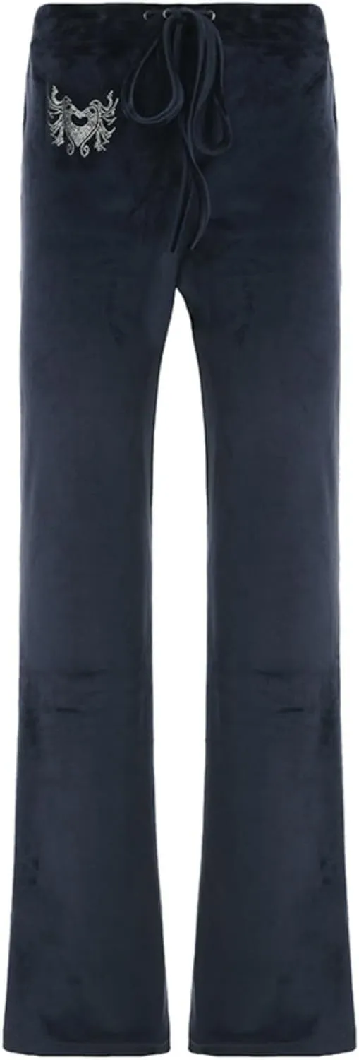 Velvet Star Rhinestone Flare Pants for Women, Bootcut Low Rise Drawstring Bell Bottoms, Y2K Streetwear