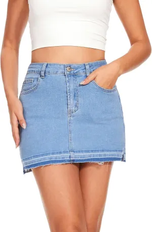 VIPONES Women Denim Skirt High Waist Raw Hem Stretch Ripped Casual Mini Jean Skirts