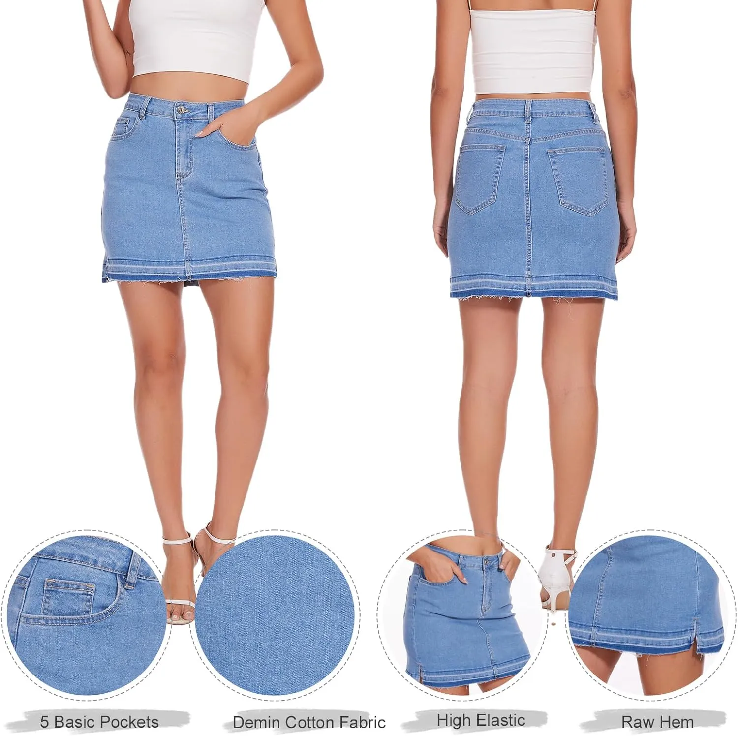 VIPONES Women Denim Skirt High Waist Raw Hem Stretch Ripped Casual Mini Jean Skirts