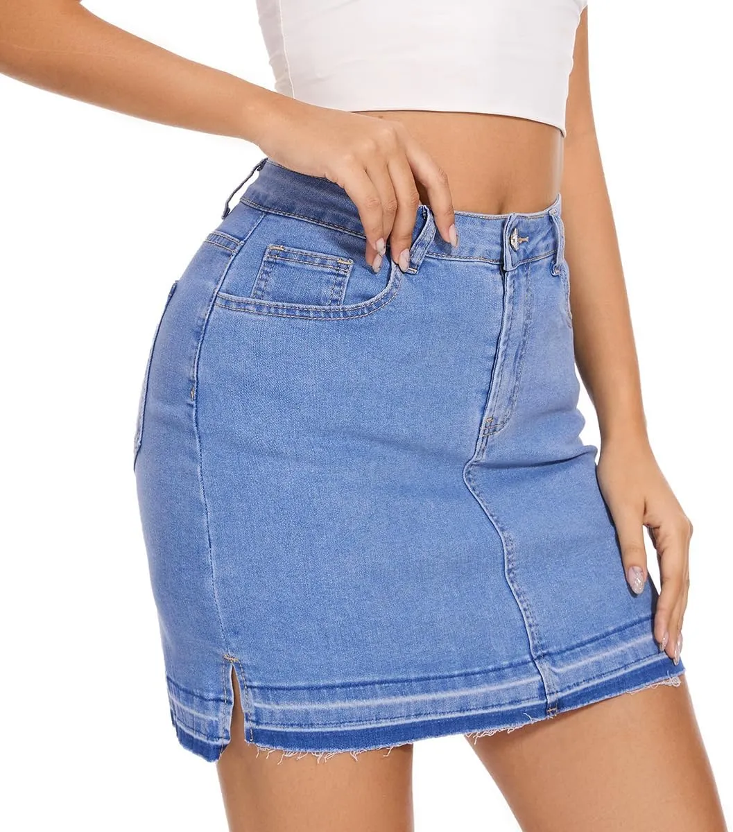 VIPONES Women Denim Skirt High Waist Raw Hem Stretch Ripped Casual Mini Jean Skirts