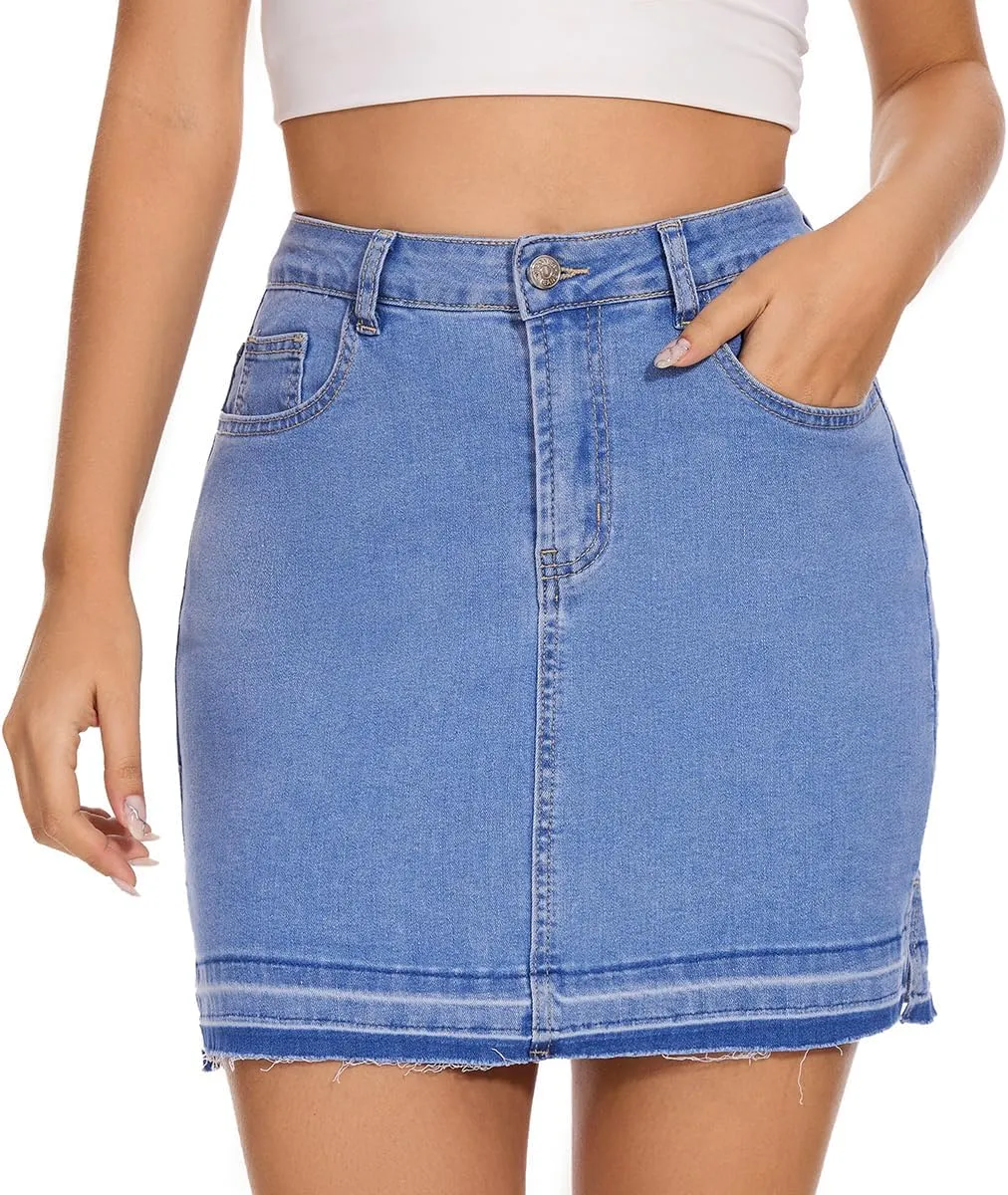 VIPONES Women Denim Skirt High Waist Raw Hem Stretch Ripped Casual Mini Jean Skirts