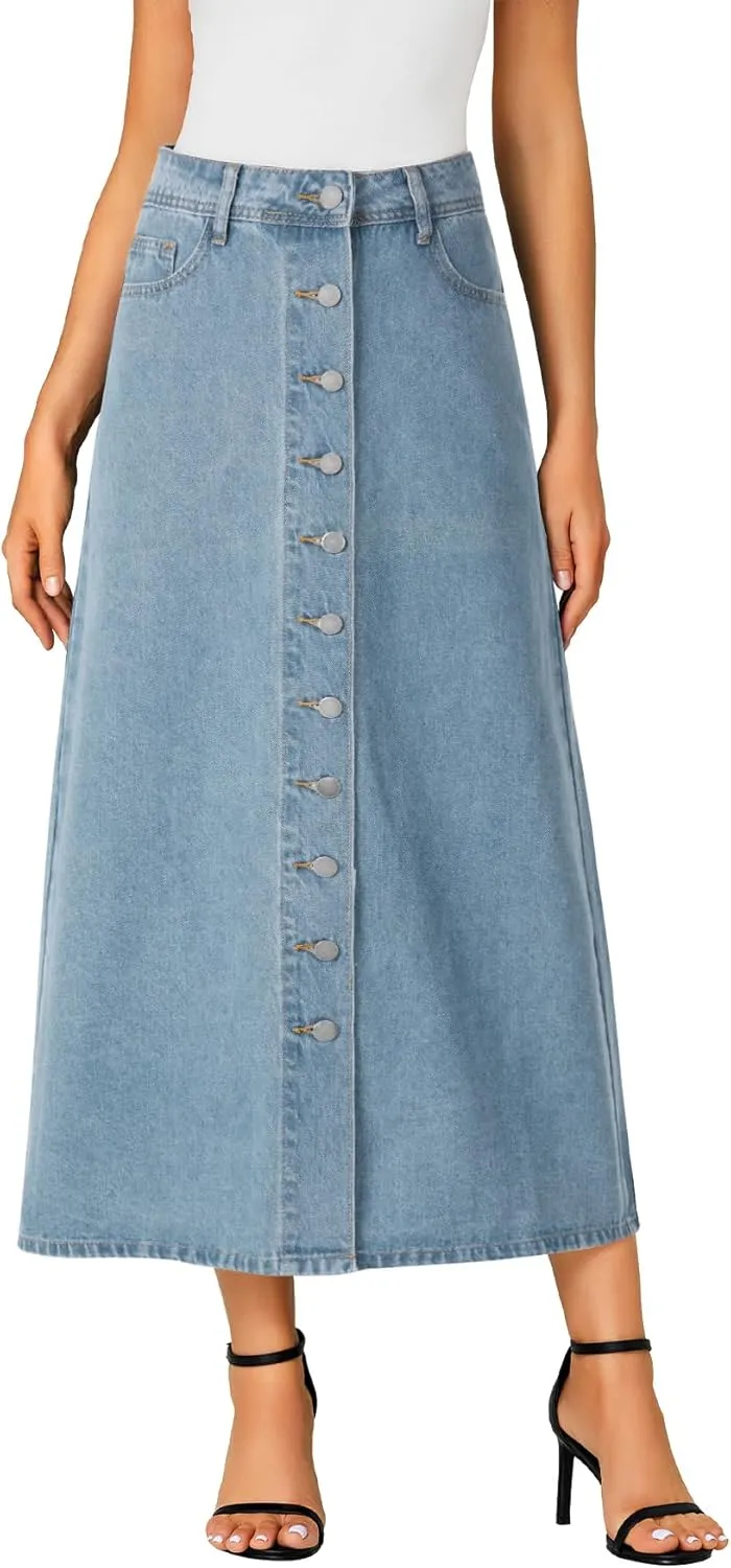 Vrtige Women's Casual Button Down High Waisted A Line Jean Midi Long Denim Skirt with Pockets