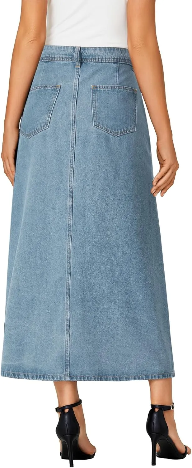 Vrtige Women's Casual Button Down High Waisted A Line Jean Midi Long Denim Skirt with Pockets