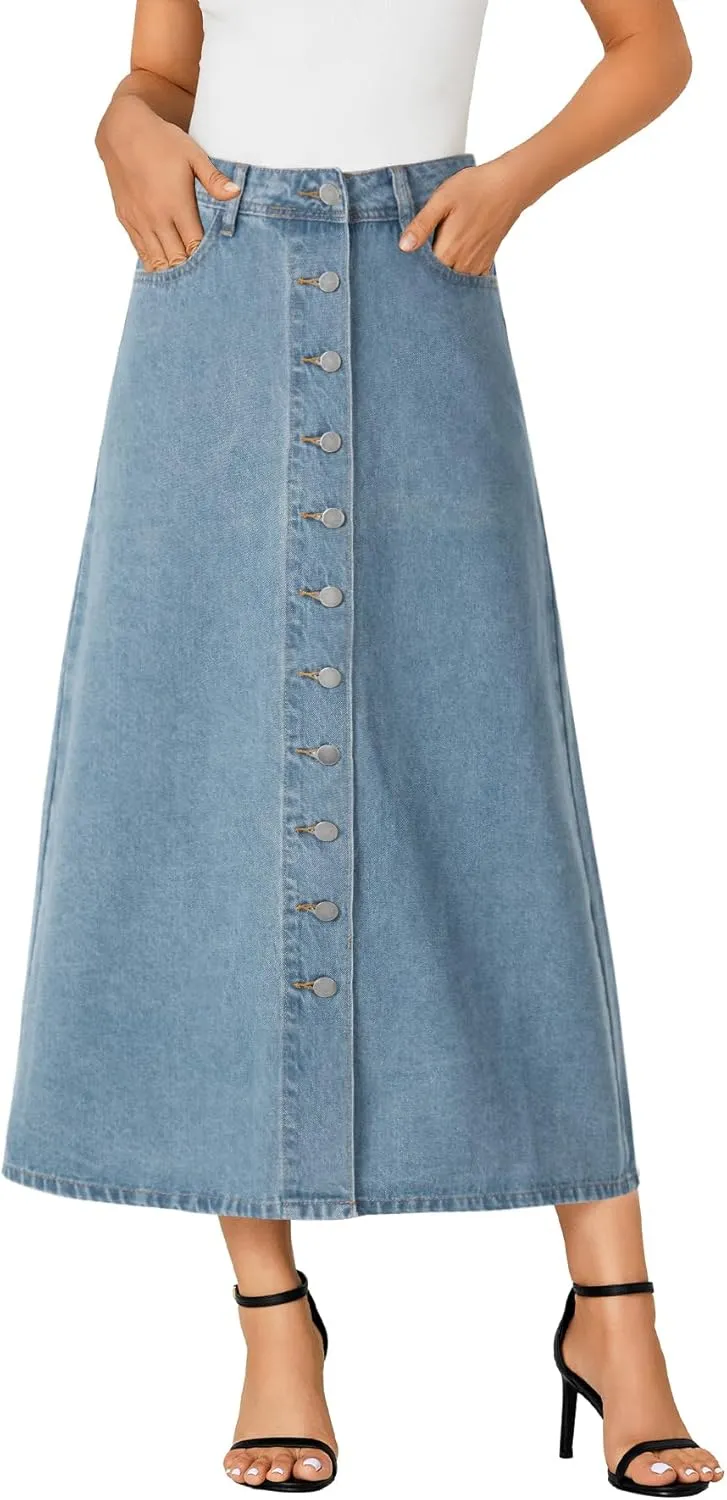 Vrtige Women's Casual Button Down High Waisted A Line Jean Midi Long Denim Skirt with Pockets