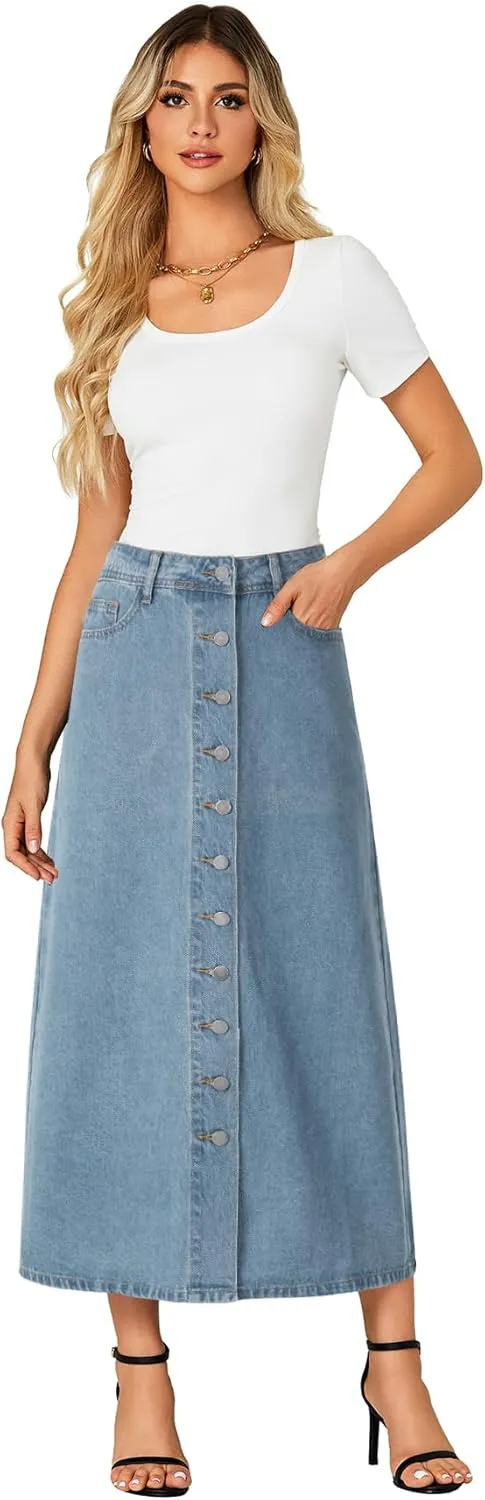 Vrtige Women's Casual Button Down High Waisted A Line Jean Midi Long Denim Skirt with Pockets