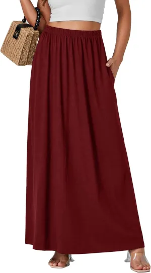 Vrtige Women's Casual Elastic High Waist Flowy Hem A Line Maxi Skirt with Pockets
