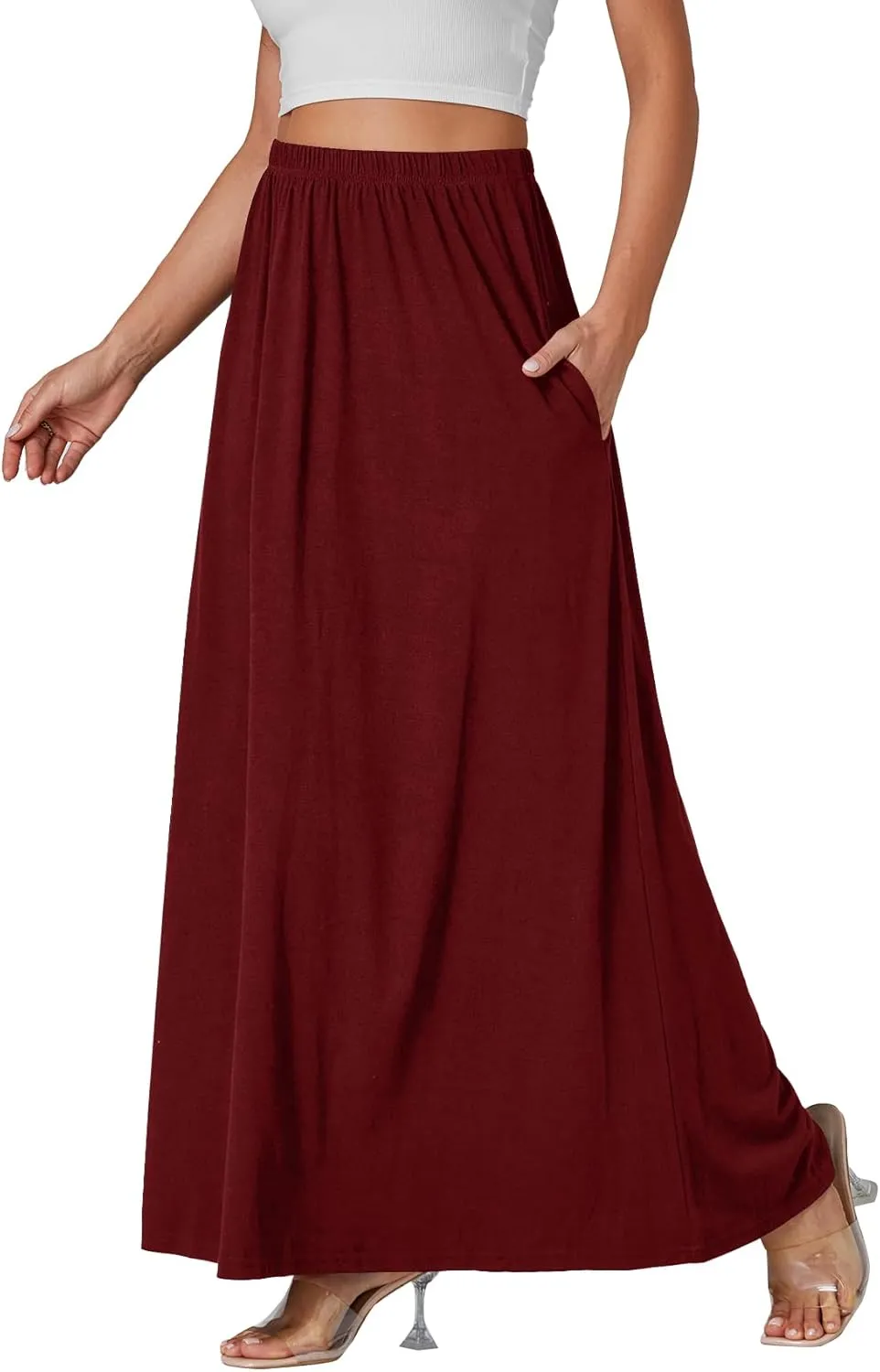 Vrtige Women's Casual Elastic High Waist Flowy Hem A Line Maxi Skirt with Pockets
