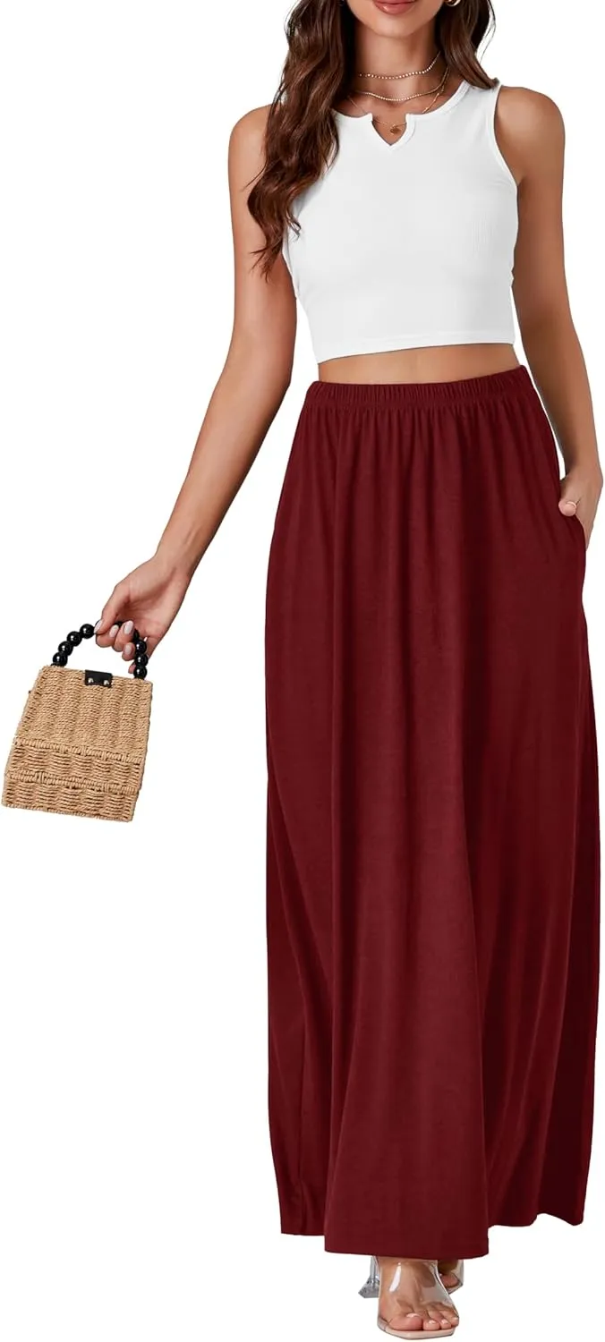 Vrtige Women's Casual Elastic High Waist Flowy Hem A Line Maxi Skirt with Pockets